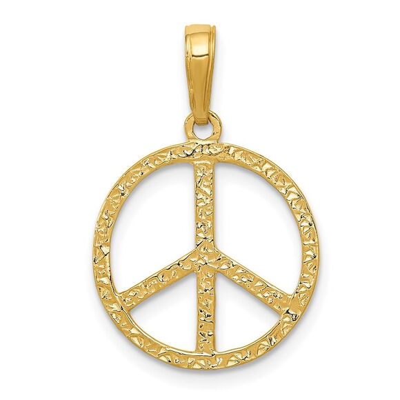 14k Yellow Gold Textured Peace Sign Pendant, 16mm (5/8 inch) - Picture 1 of 6